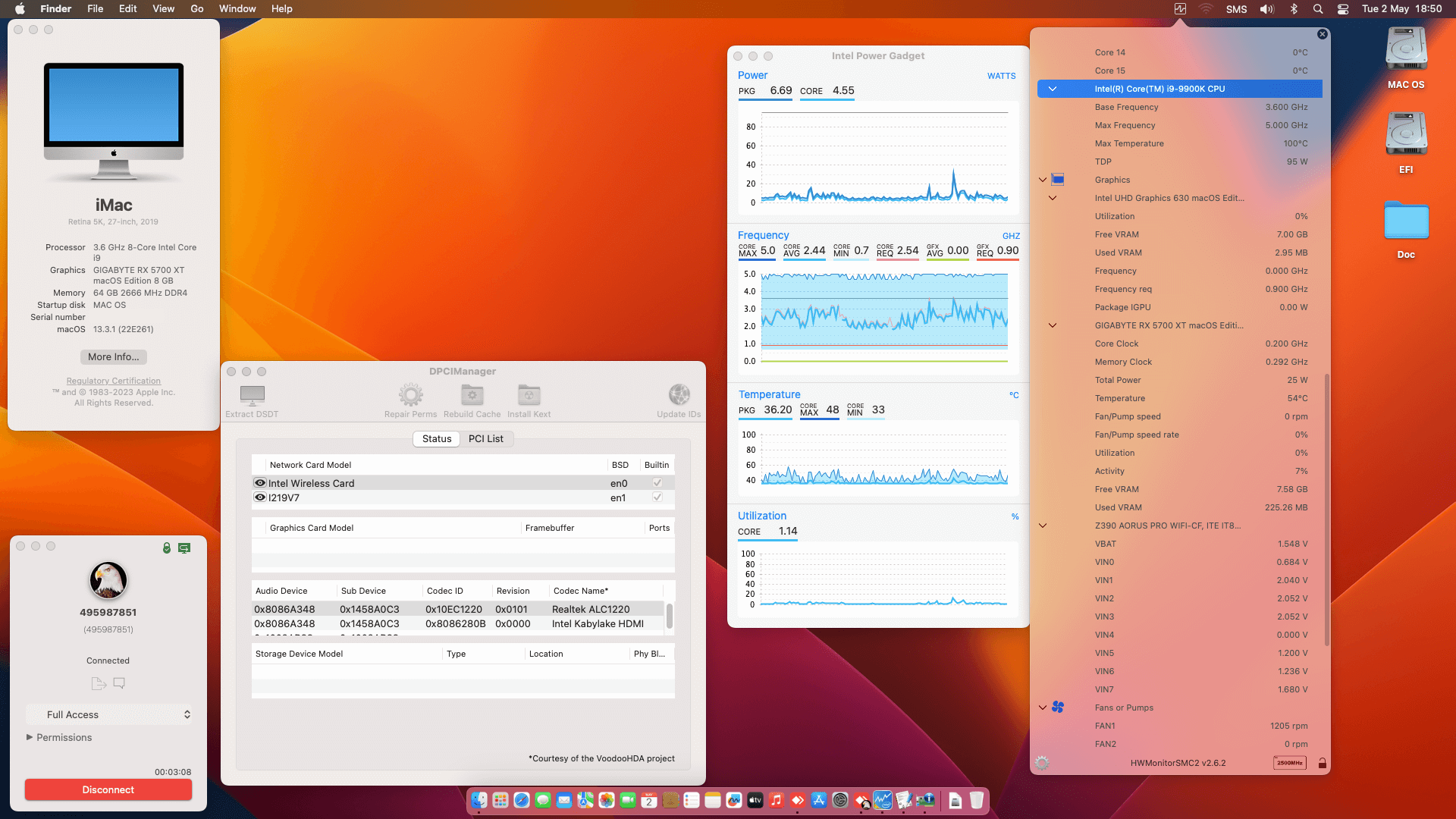 Success Hackintosh macOS Ventura 13.3.1 Build 22E261 in Gigabyte Z390 Aorus Pro Wifi + Intel Core i9 9900K + Gigabyte RX 5700 XT